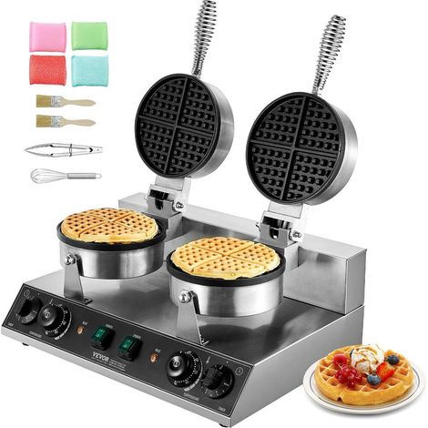 Double tête gaufrier commercial 2460 W, appareil à gaufre ronde pour restaurant et snack bar, acier inoxydable (1/5)