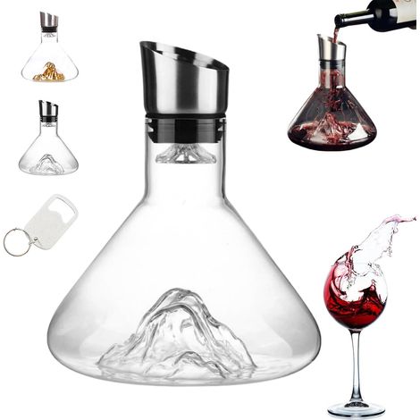 Wine aerator decanter, hand-blown lead-free crystal wine decanter with stainless steel spout, pours without dripping, the perfect gift for wine lovers (A)