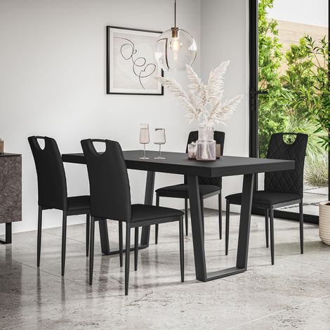 Aria Dining Table And Chairs - Black Table Top w Black Legs + Monza Faux Leather Dining Chair Set Of 4 (Black) (1/5)