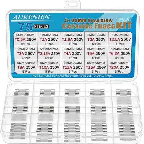 5 x 20 mm Ceramic Slow Fusion Fuse Kit 15 Values 0.5A 1.6A 2A 2.5A 3.15A 4A 5A 6.3A 8A 10A 12A 15A 20A 250V 75 Pieces 5 x 20 mm 250 Volts Time Delayed Ceramic Tube Fuses (1/5)