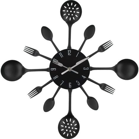Horloge murale en métal de 40,6 cm - Couverts de cuisine - Cuillère - Fourchette - Horloge murale créative et moderne - Décoration d'intérieur (noir) (1/5)