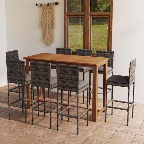 Ensemble Table de bar + 8 Chaises de bar de jardin avec coussins - Table Haute avec 8 Tabourets Gris BV786076 - BonneVie (1/5)