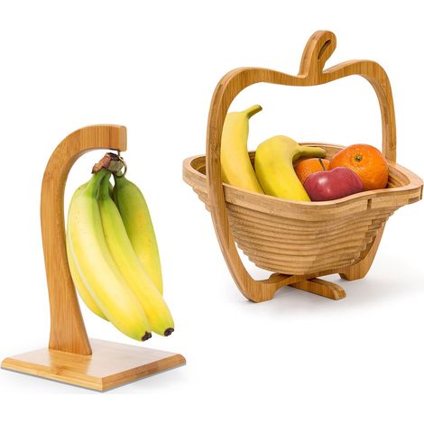 juego de 2 piezas para fruta, soporte para plátanos, cesta de frutas, frutero, cesta plegable, bandeja decorativa, bambú (1/5)