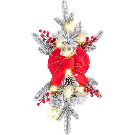 23,6 Zoll (ca. 60 cm) großer, beleuchteter Weihnachts-Treppenhausschmuck mit Lichterkette, tropfenförmiger Kranz für Haustür, Fenster und Treppenhaus, rot (1/3)