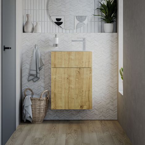 BERNSTEIN - Mobile lavabo sospeso MDF rovere miele, lavabo bianco opaco + foro rubinetto e scarico, cerniera porta a sinistra - 50x26x72cm - KONDA	Bianco opaco, Rovere caramello