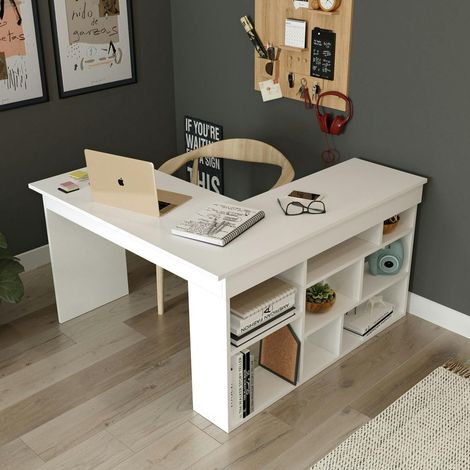 Bureau d'angle blanc avec niches de rangement MARFA