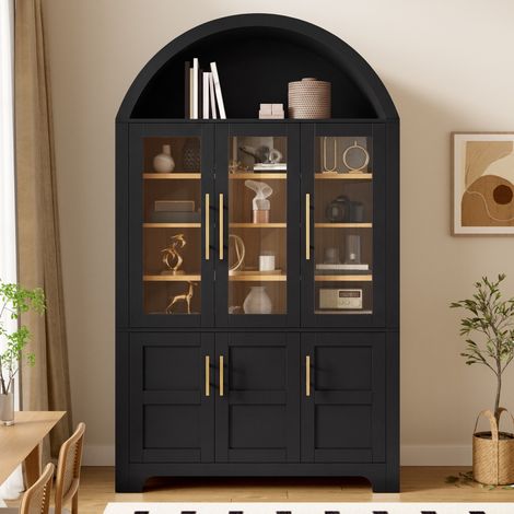 Credenza alta vetrina 110 x 40 x 185 cm per soggiorno cucina moderna mobile autoportante in mdf con ante in vetro e ripiani regolabili nero (1/5)