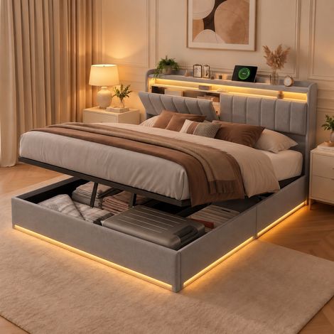 Lit coffre 160x200,lit 160x200 avec sommier à lattes,LED,USB,tête de lit de rangement,lit double capitonné,lit 2 personnes,tissu en velours,Gris