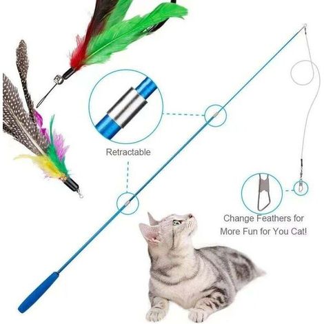 Set di 12 giocattoli per gatti con piume, canna da pesca per gatti con 2 canne retrattili interattive, 10 piume di ricambio con pendenti, trespolo telescopico per uso interno per gatti e gattini (1/4)