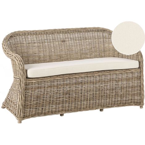 Banc Intérieur Extérieur Boho 150 cm Rotin Tressé avec Coussins Blanc Cassé Naturel Susua