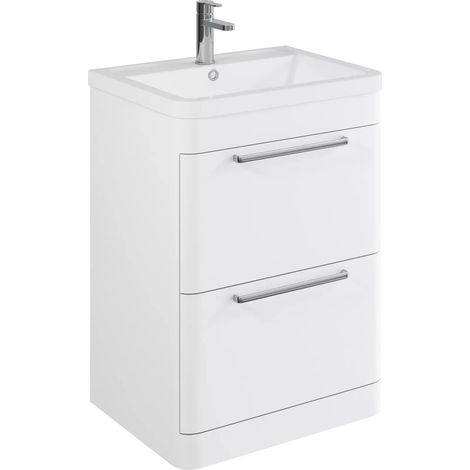 Balterley Calwich Contemporary Bathroom Floor Standing Vanity with 2 Soft Close Drawers & 1 Tap Hole Polymarble Basin, Gloss White, 600mm (1/4)