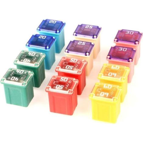 12pcs 12V-24V Forme Carrée Low Profile JCASE Fusible Assortiment pour Voiture(20A/25A/30A/40A/50A/60A,Chaque 2pcs) (1/5)