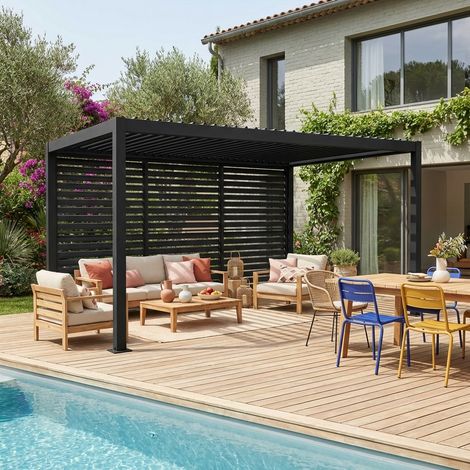 Pergola bioclimatique aluminium et acier 4x3m + 3 persiennes 130cm anthracite Palace