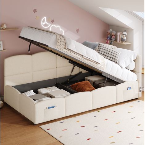Lit une place 90/200 cm beige en tissu bouclette avec rangement hydraulique et ports de charge (1/5)