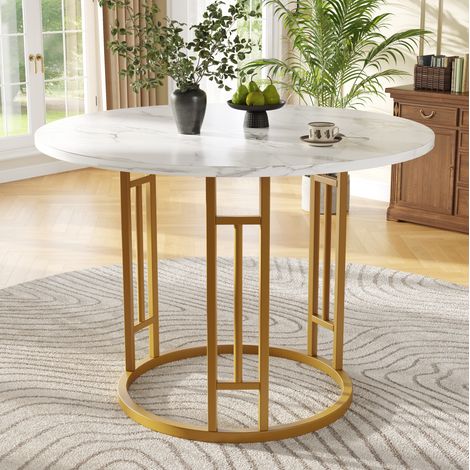 Table à manger ronde 80x80x76 cm dorée en MDF effet marbre avec pieds métalliques réglables (1/5)