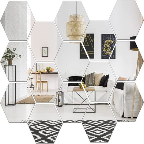 Sticker mural miroir hexagonal en acrylique grand format amovible, carreaux auto-adhésifs, hexagonaux 3D, sans verre, pour la décoration de la chambre et du salon (argenté, 15 pièces) (1/5)