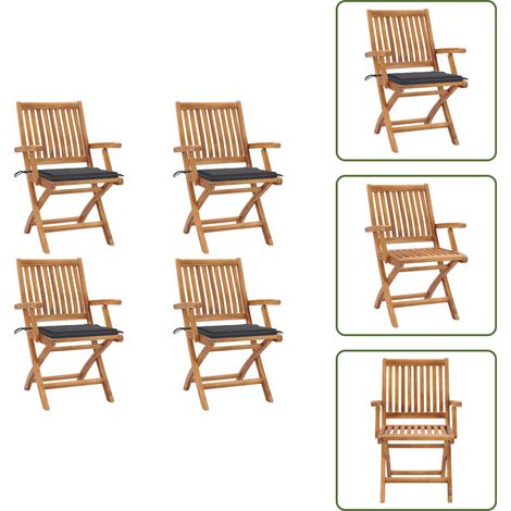 The Living Store Chaises pliables de jardin avec coussins lot de 4 Teck solide - Chaises de jardin pliables (1/5)