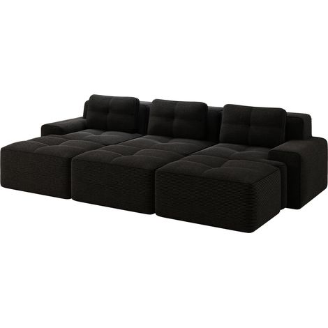 Canapé d'angle modulaire convertible en velours côtelé noir avec 3 poufs, assise profonde et larges accoudoirs, sans montage, pour salon - CHICFURN (1/5)