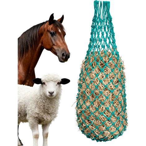Filet à Foin Cheval 4 PCS Filet à Foin Suspendus Longueur Étendue 0,9 m pour Alimentation Lente Chevaux Moutons Bovins Alpagas Animaux Élevage, Mailles 3,8x3,8 cm Polyéthylène avec Mousquetons