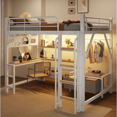 Kinder-Hochbett 140x200 mit Schreibtisch, Stauraum, LED, USB, weiß HAVRYA (1/5)