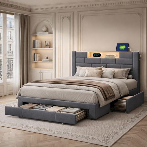 Cama doble 140x200 cm con 3 cajones de almacenaje, cabecero con estante, LED RGB inteligente y puertos USB/Type-C, tapizada en terciopelo, somier de láminas, gris (1/5)