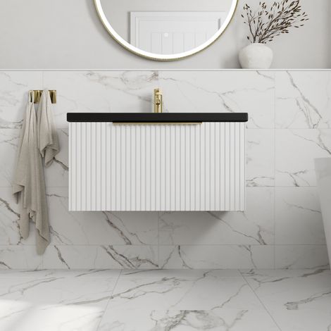 Fluted 800mm Bathroom Vanity Unit Basin Wall Hung Cupboard Soft Close Matt White (1/5)