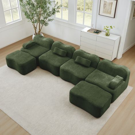 Sofá modular en U de 4 plazas con 2 otomanes, terciopelo verde, OKWISH (1/5)