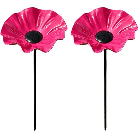 Bain d'oiseaux décoratif – pack 2 piquets métal – 15x60 cm– fleur design – abreuvoir jardin et terrasse – Rose Fuchsia (1/5)