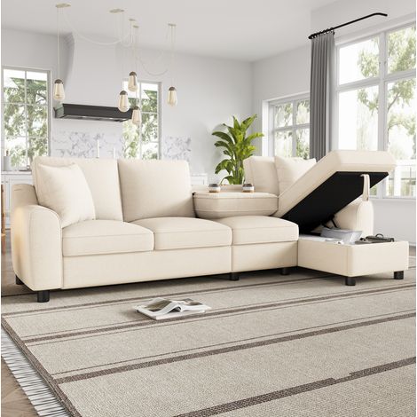 Canapé d'angle L en chenille 280 cm, Canapé 4 places acve rangement intégré, dossier rabattable avec porte-gobelets,beige (1/5)