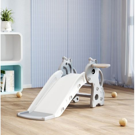 Toboggan enfant 106x51,5x52 cm en plastique gris, 3-en-1 avec panier pour salle de jeux FloraGrace (1/5)