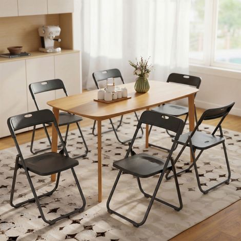 Set di 6 sedie pieghevoli in plastica con schienale curvo, design ventilato, struttura in acciaio, 48,5x47x75 cm, nere.