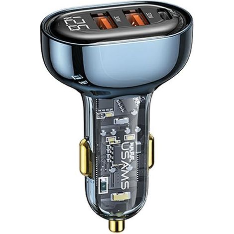 Caricabatterie da auto USAMS da 80 W con ricarica rapida, 2 porte USB e 1 porta USB-C, colore blu.
