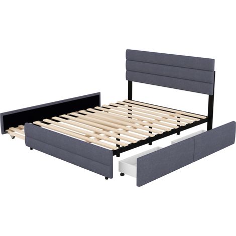 Lit plateforme 140 x 200 avec lit gigogne pour deux personnes et deux tiroirs, gris (1/5)