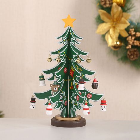 Mini sapin de Noël assemblable en bois avec étoile et ornements suspendus, décoration festive pour table étagère bureau maison fêtes de fin d’année, vert (1/4)
