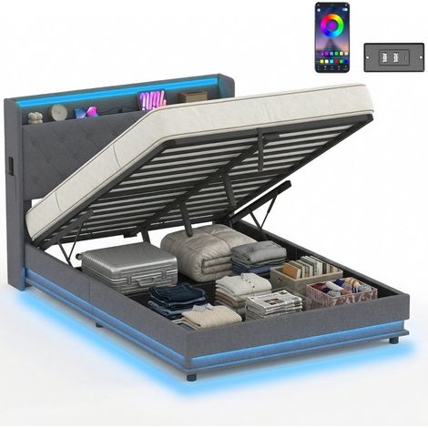 Cadre de lit 140 × 200 cm avec tête et pied de lit, lit plateforme équipé de rangement hydraulique et éclairages LED intégrés.