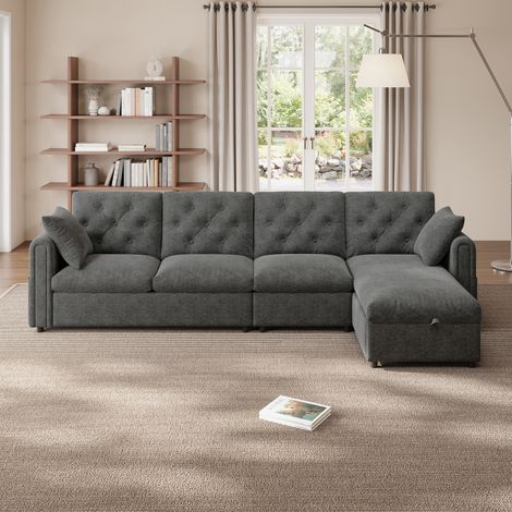 Canapé angle convertible réversible 281×86×71cm 4 places avec coffre poches magazines dossier capitonné Velours Gris (1/5)