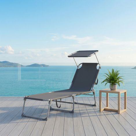Songmics – Transat pliant extérieur – Dossier réglable – Pare-soleil orientable – Tissu résistant aux intempéries – 189 x 53 x 28,5 cm – Gris
