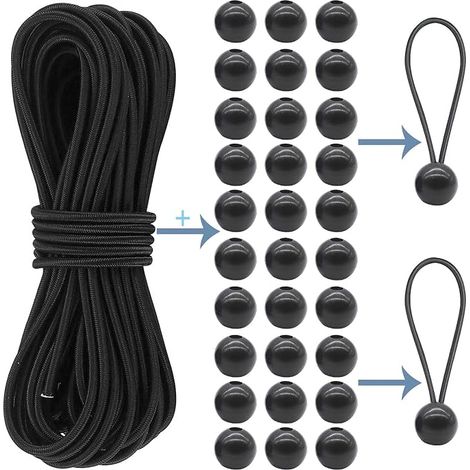 Elastic Bungee Cords, Elastic Bungee Cord, 4 mm x 10 m Elastic Rubber Cord with 30 Balls, Elastic Rope for Tarpaulin Elastic with Balls, Black (1/5)