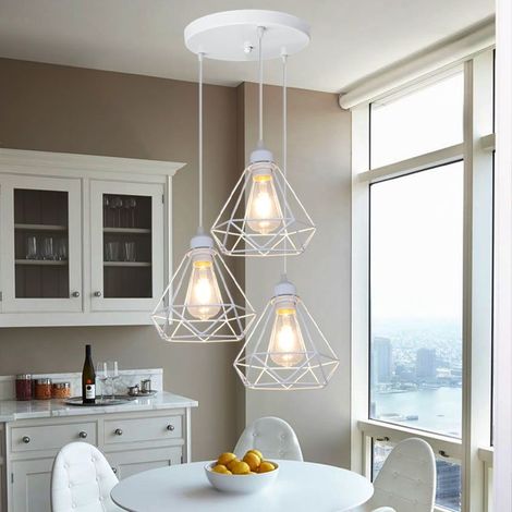 – Suspension luminaire industrielle 3 têtes rétro – Abat-jour métal blanc – Dimensions 20x23 cm – Douille E27 – Longueur câble 100 cm réglable (1/5)