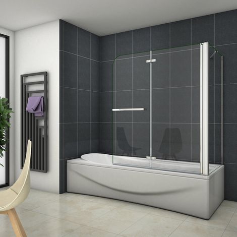Mamparas de Bañera Cristal Plegable 2 Hojas Pivotante con Toallero 6MM Cristal  Antical Con Pantalla Fija 120X70X140CM (1/5)