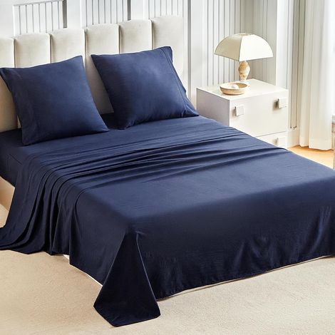 Parure de Lit 180x200 - Ensemble de Draps 4 Pièces 2 Personnes - Drap Housse 180x200 + Drap Plat 240x260 + 2 Taies 65x65 - Coton Lavé Aspect Délavé Polyester,Bleu (1/5)