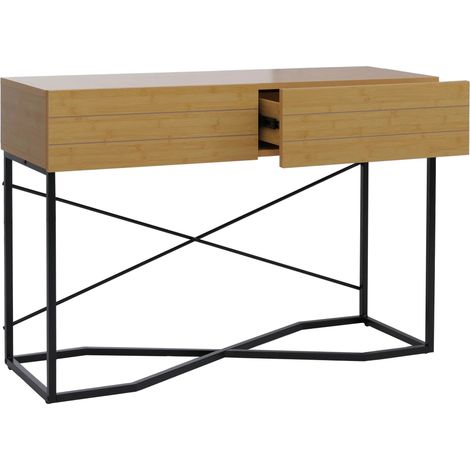 Console industrielle avec 2 tiroirs style loft moderne 81 x 120 x 40 cm en MDF mélaminé aspect bambou et métal 040008852