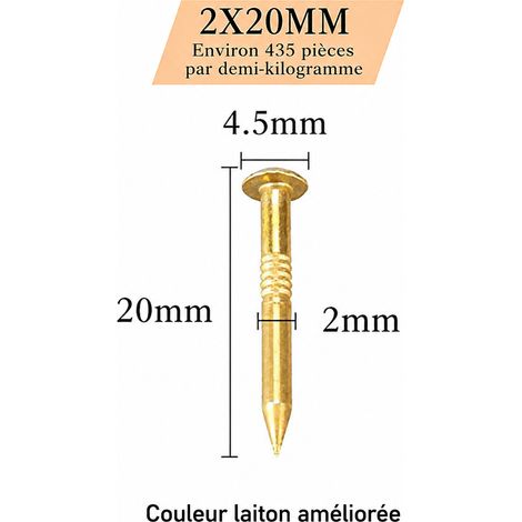Clou rond en laiton doré brillant 2 × 20 mm avec pointe 2 20 pointe ronde 2 × 2 × 2 cm 250 g – Livraison gratuite