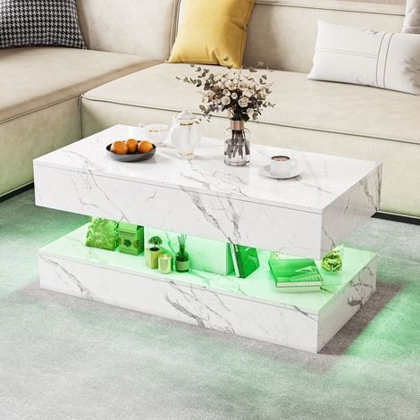 Mesa baja rectangular con luces LED y 2 cajones, Mesa baja de salón, 100x50x45 cm, Mueble de almacenamiento, Estilo moderno (1/5)