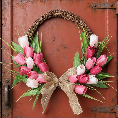 Couronne de fleurs artificielle pour porte d'entrée, idéale pour Pâques. Couronne printanière résistante à la décoloration, pour décoration intérieure et extérieure. Cerceau en rotin rouge, rose et bl (1/5)