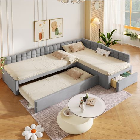 Letto imbottito angolare con letto estraibile 90x200 OKMYHOME (1/5)
