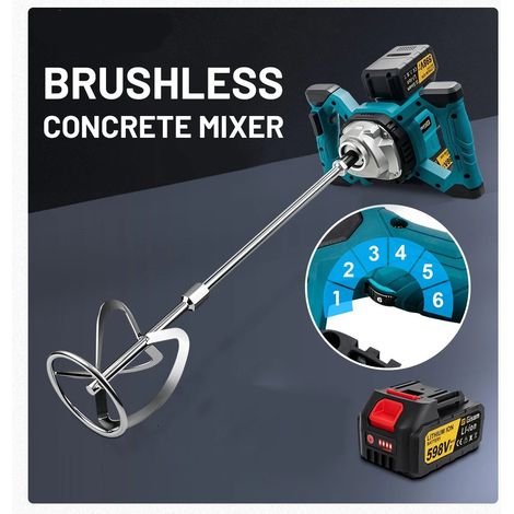 Mélangeur sans fil brushless 18V – compatible Makita – 6 niveaux de vitesse – outil de malaxage pour ciment, mortier et peinture (1 batterie)