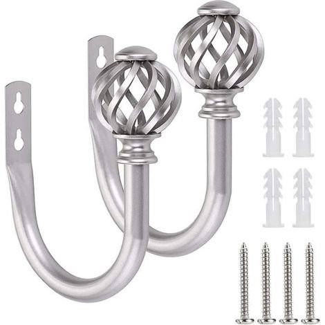 Embrasses à Rideaux - Lot de 2 - Métal Mural Argenté - 15,5 x 9 cm - Intérieur - Fixation Incluse (1/4)