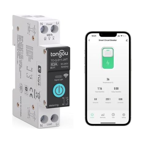 Interrupteur Connecté, Disjoncteur Intelligent WiFi 1P, DIY Interrupteur Intelligent Compatible avec Alexa,Google Assistant, Smart Life, TUYA - Mesure,Commande Vocale et Fonction de Temps, 63A