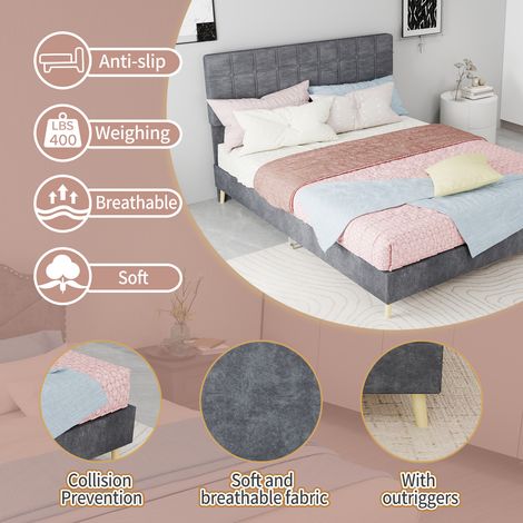 Lit tissu gris foncé moderne, tête de lit capitonnée à carreaux lumineux, chambre principale et secondaire, lit double matelas 140x200cm, gris élégant. (1/5)